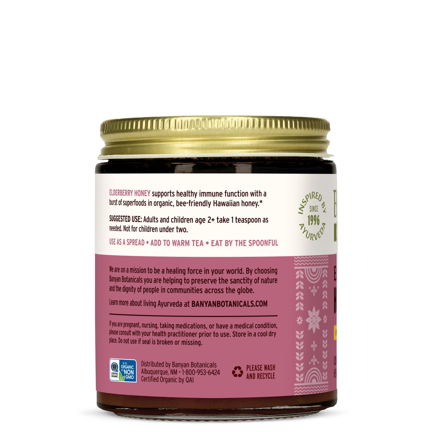 Elderberry honey jar side label showing suggested use