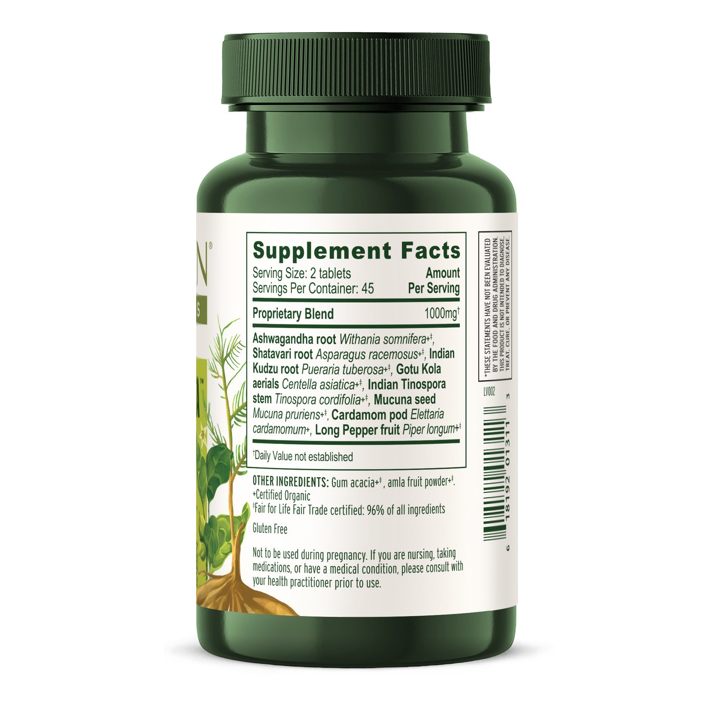 Bottle of Banyan Botanicals Healthy Vata tablets showing supplement facts