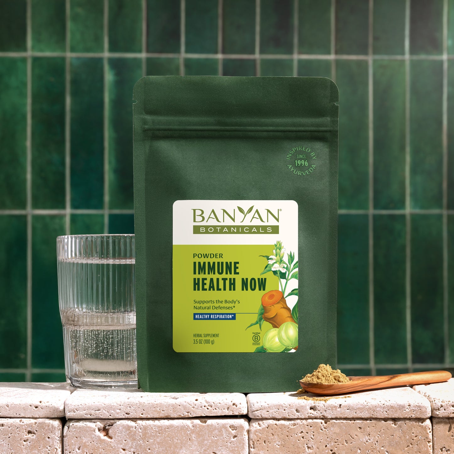 Immune Health Now Powder with glass and powder