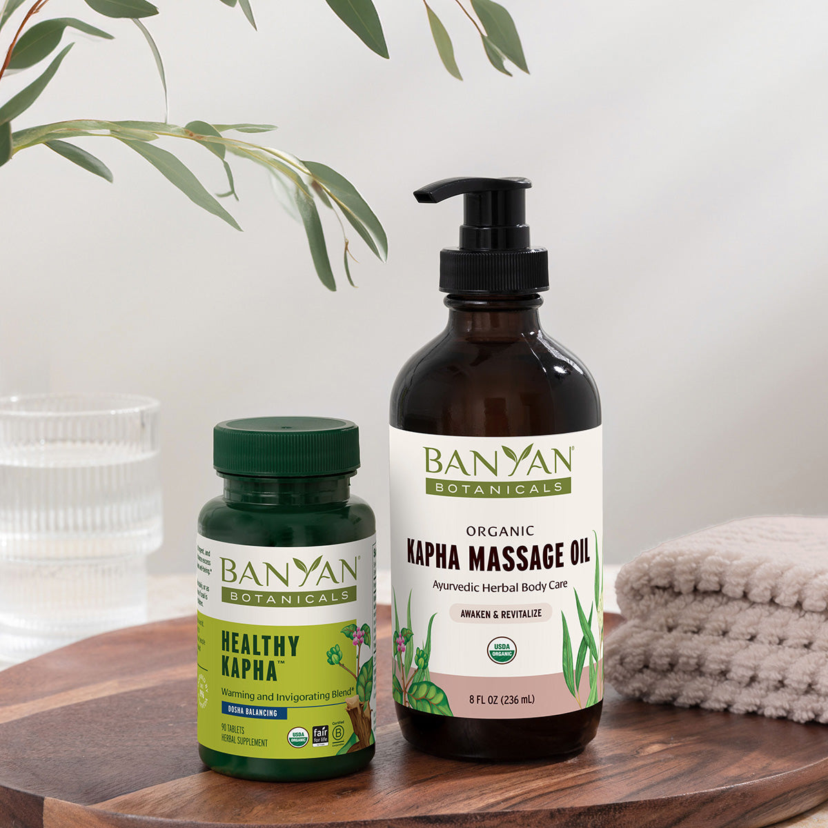 Kapha Tablets and Herbal Oil Balancing Bundle on bathroom counter
