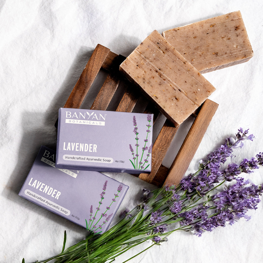 Lavender soap bars with packaging on a white background with lavender stems of lavender flowers