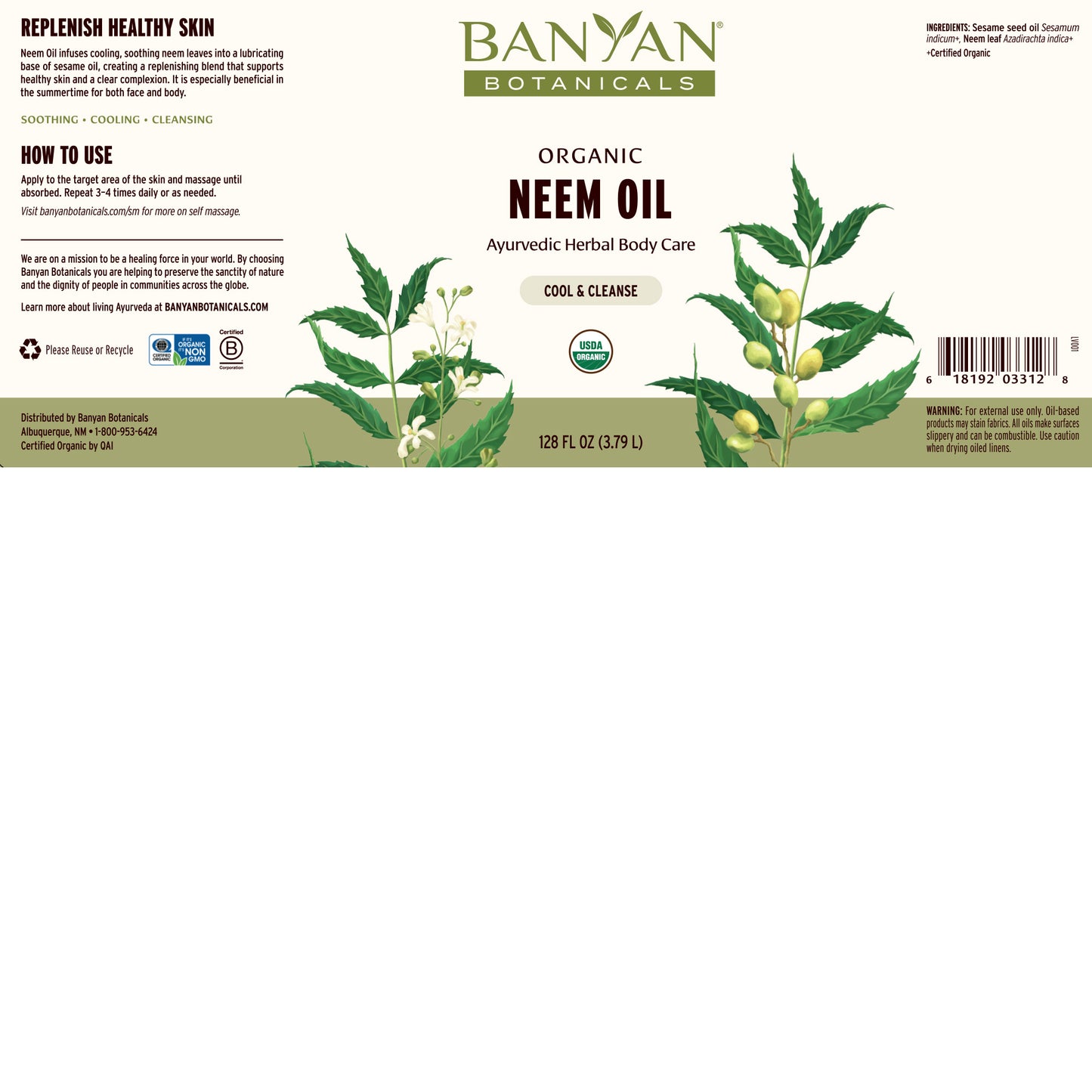128 fl oz: Neem oil label