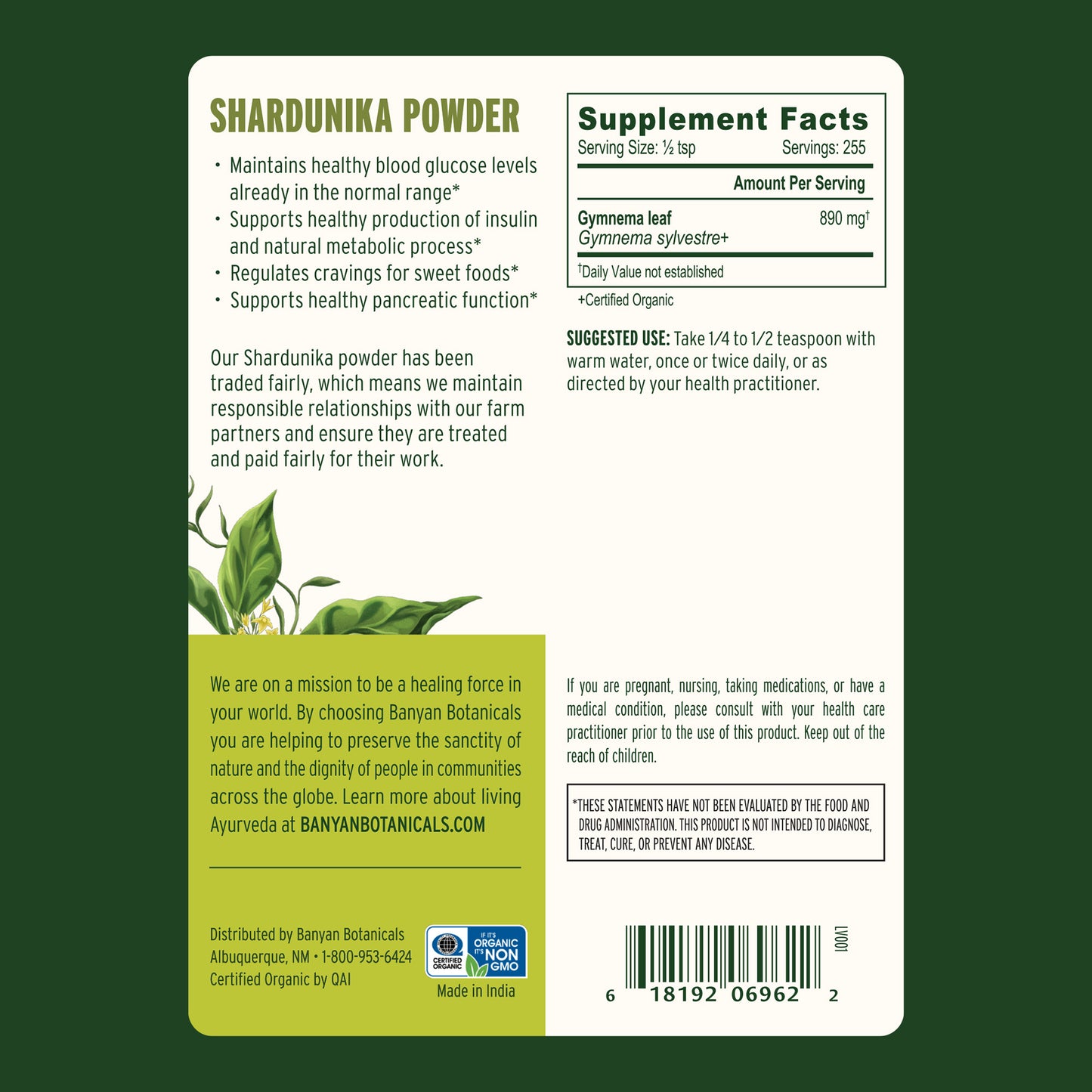 Back label of Shardunika Powder packaging with supplement facts and Banyan Botanicals branding.