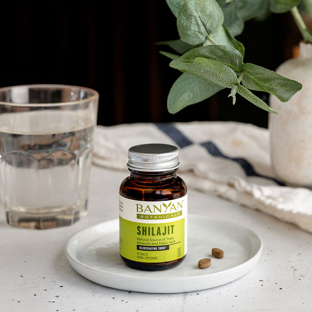 Shilajit Tablets with water glass