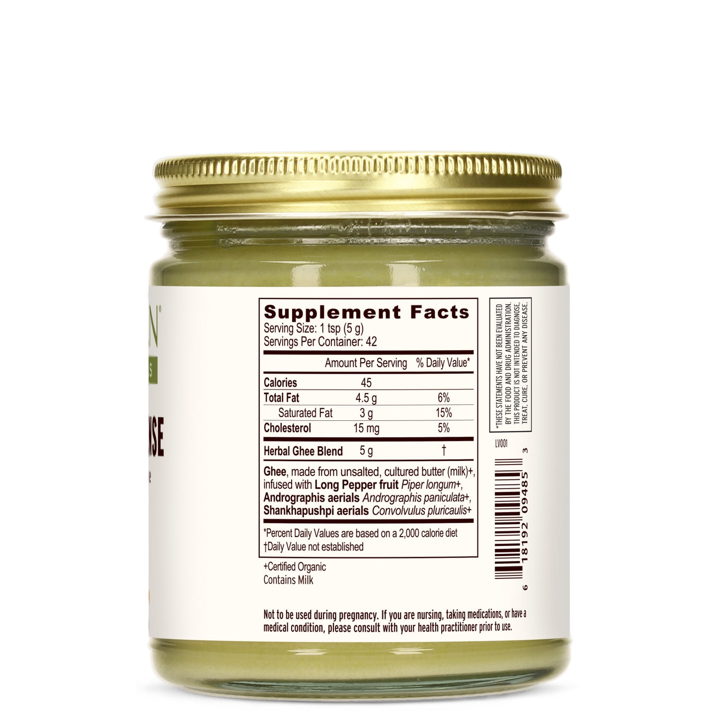 Jar of Banyan Botanical Immune Defense Ghee on a white background showing side label with supplement facts