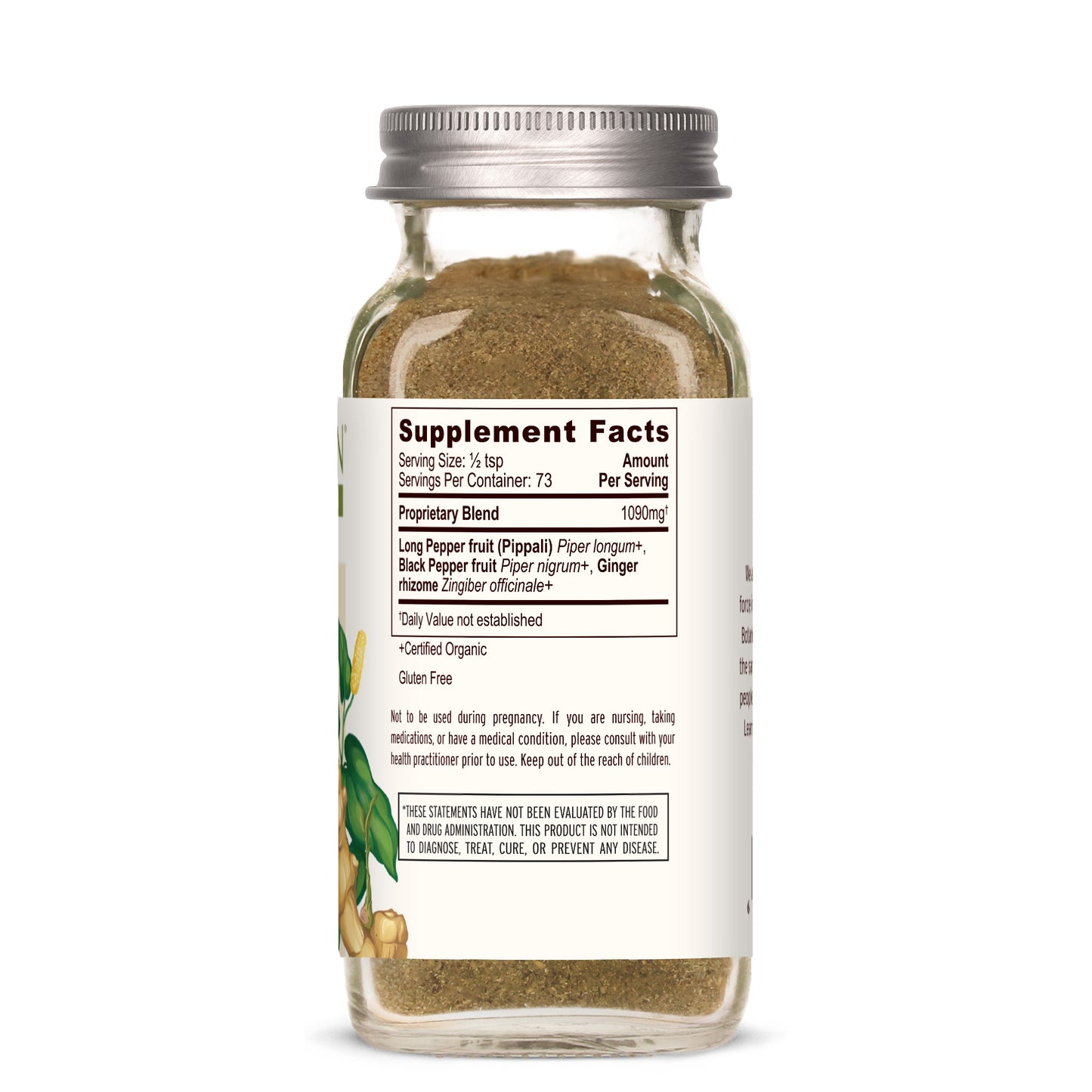 spice jar: Side label showing supplement facts