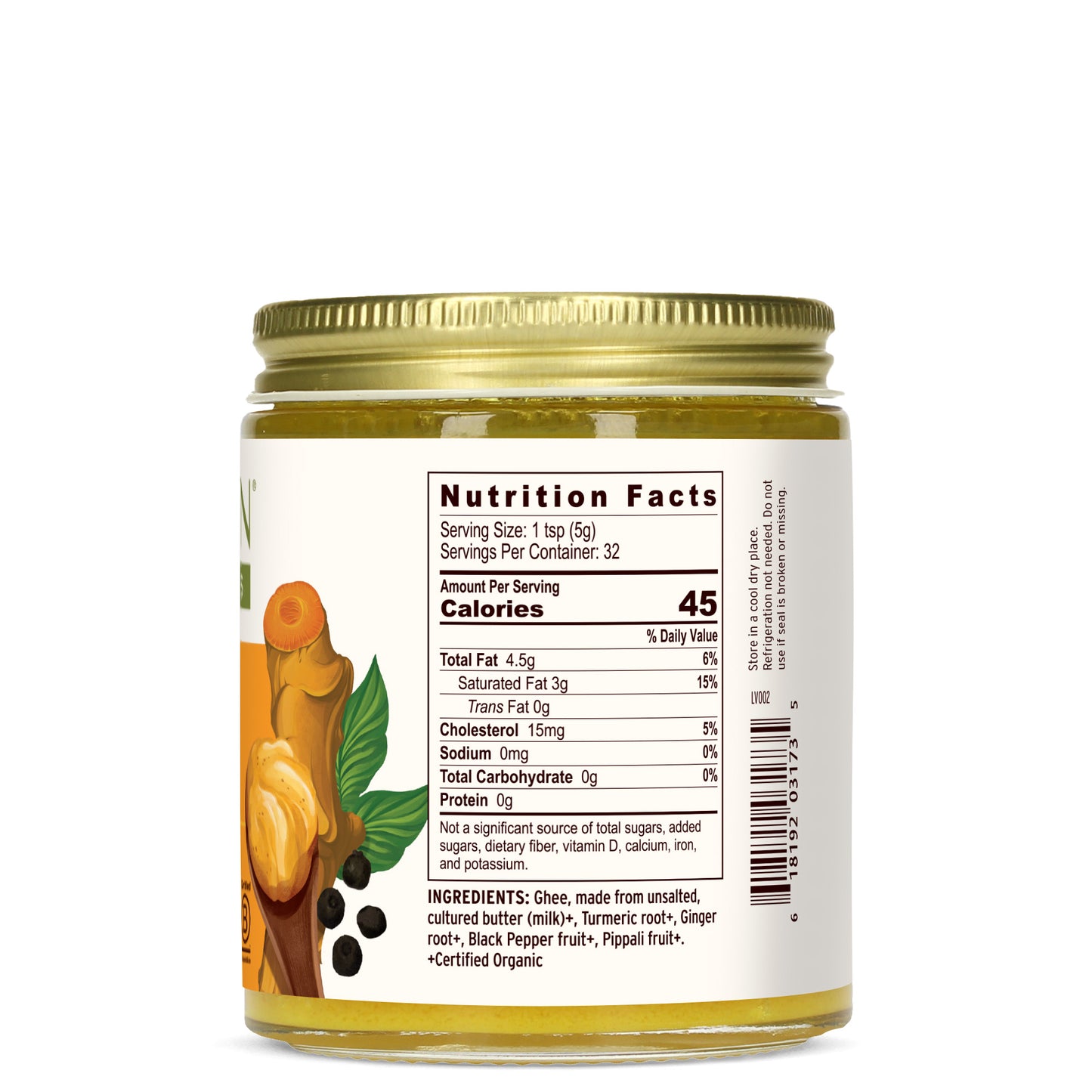 Turmeric Ghee jar side label showing nutrition facts panel