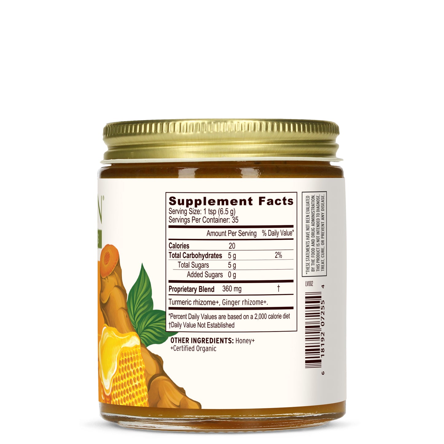 Turmeric Honey jar showing side label with supplement facts