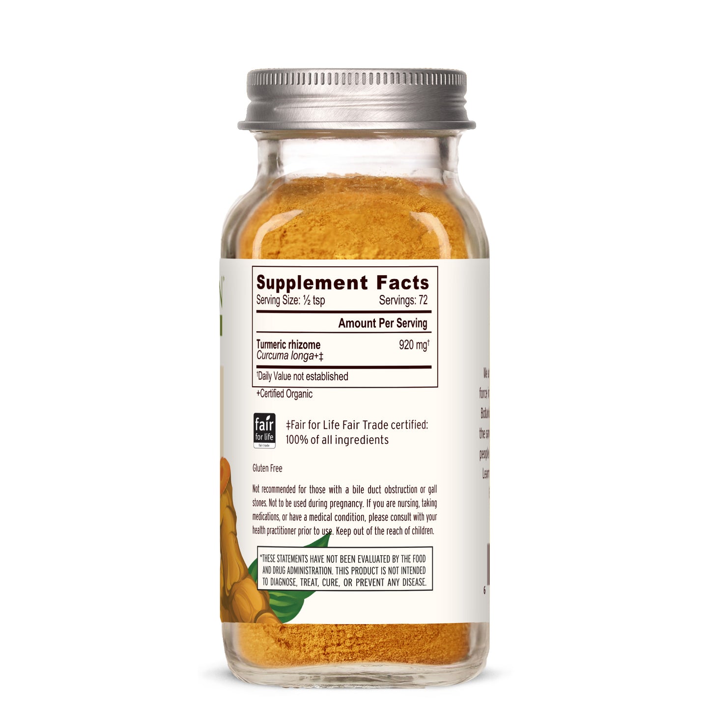 spice jar: Turmeric powder spice jar showing side label with supplement facts