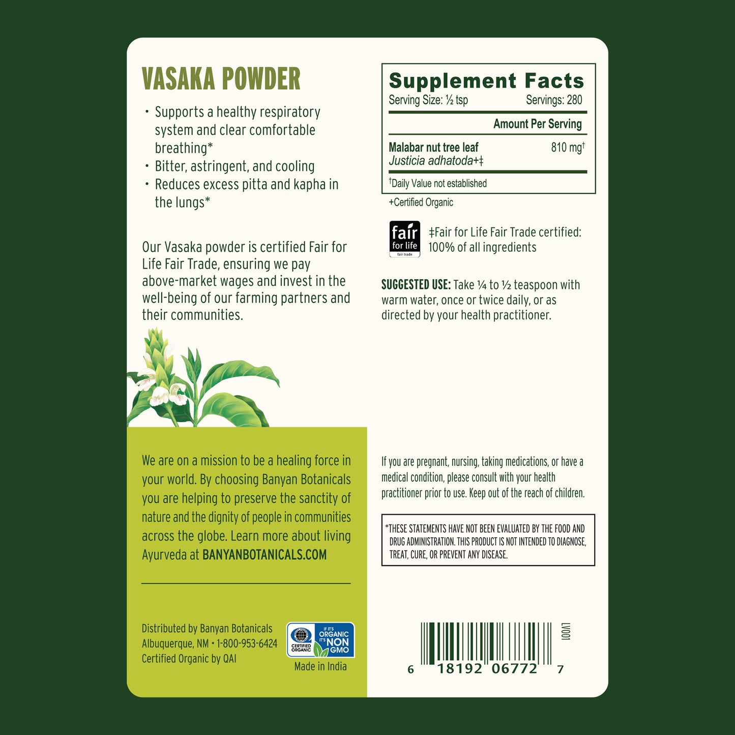 Banyan Botanicals Vasaka Powder label showing supplement facts and suggested use