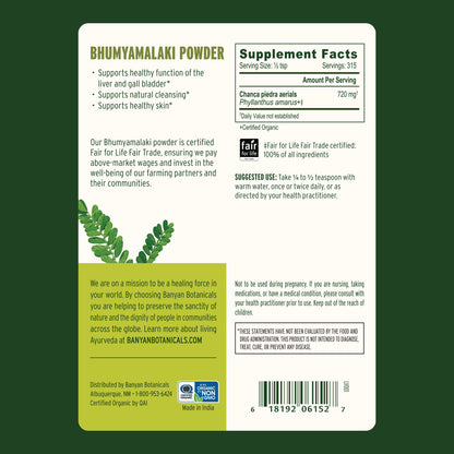 1/2 lb: Bhumyamalaki powder back label showing supplement facts and suggested use