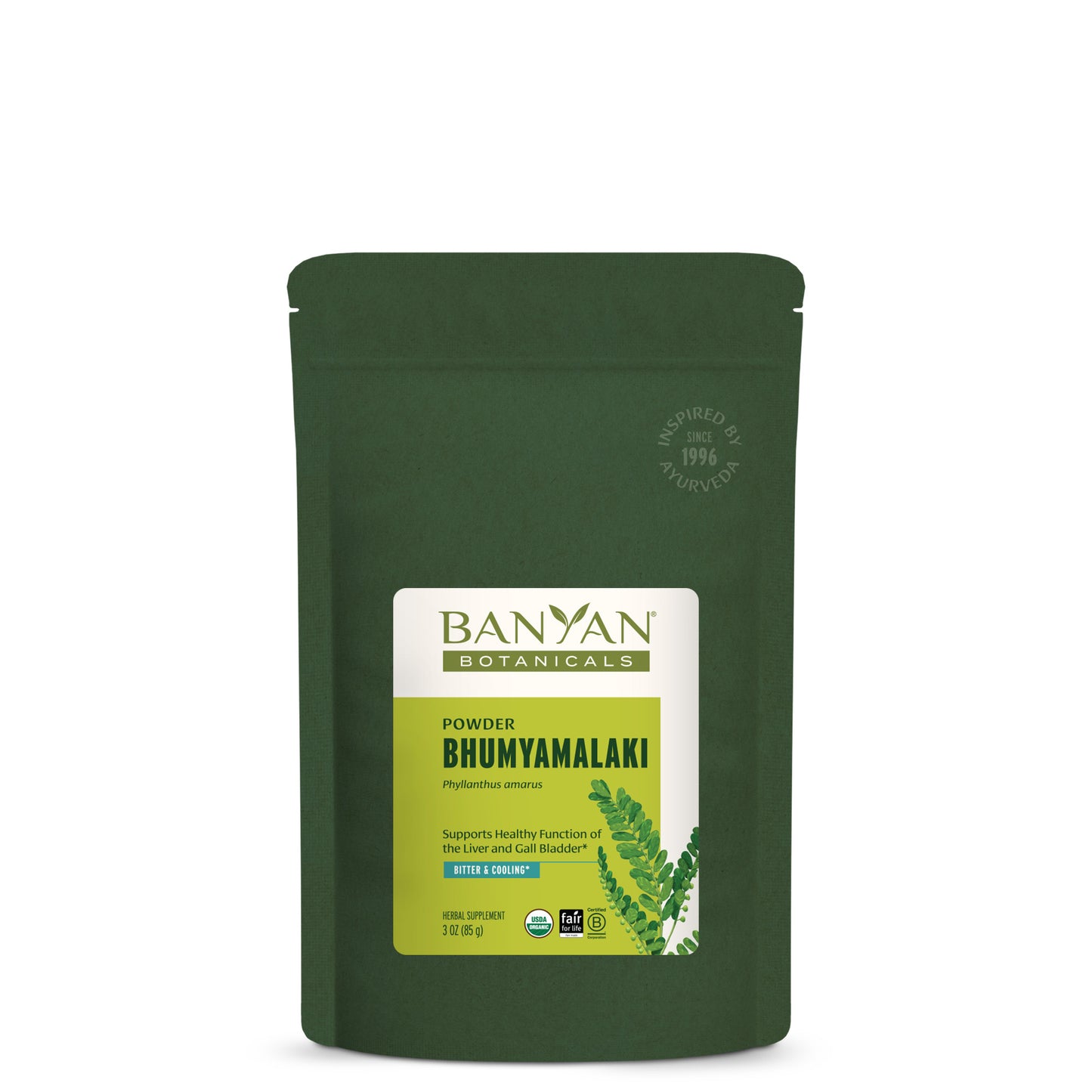 3 oz: Small green pouch of Bhumyamalaki powder on white background