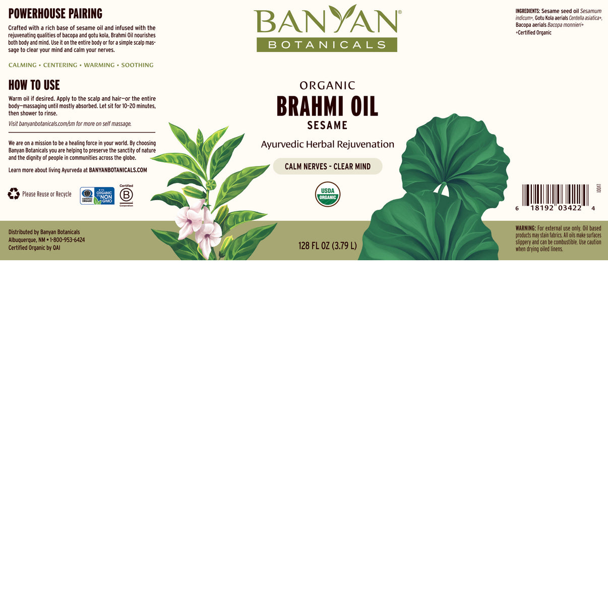 Brahmi Oil (Sesame Oil Base) Gotu Kola Oil Herbal Body Oil Banyan