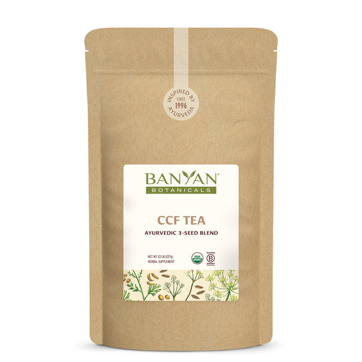 1/2 lb: CCF tea in kraft pouch on white background