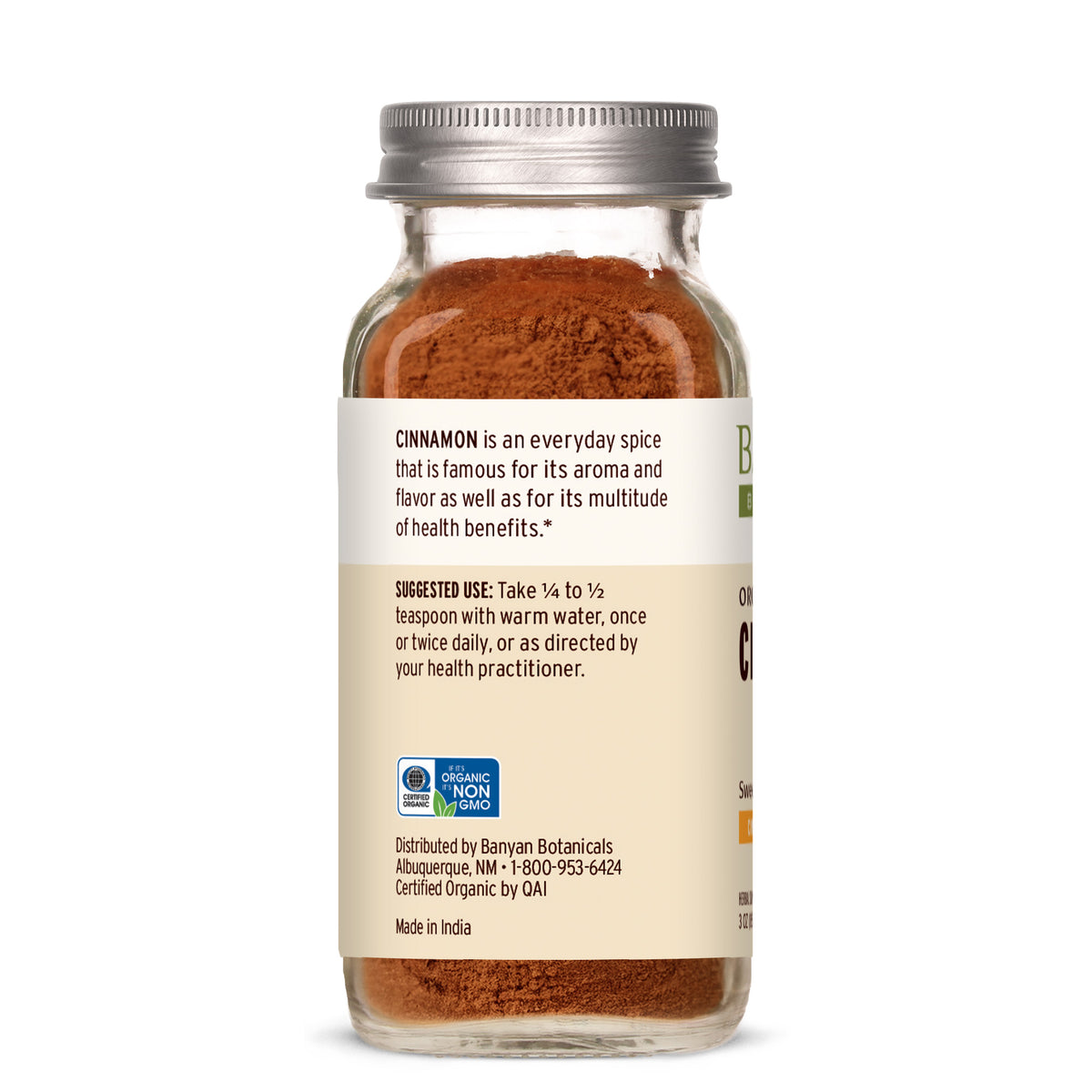 spice jar: Cinnamon powder spice jar showing side label with suggested use
