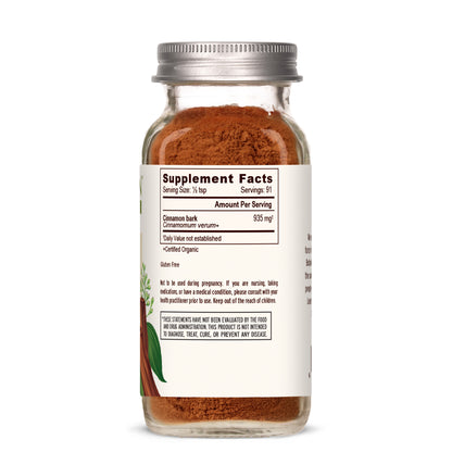 spice jar: Cinnamon powder spice jar showing side label with supplement facts panel