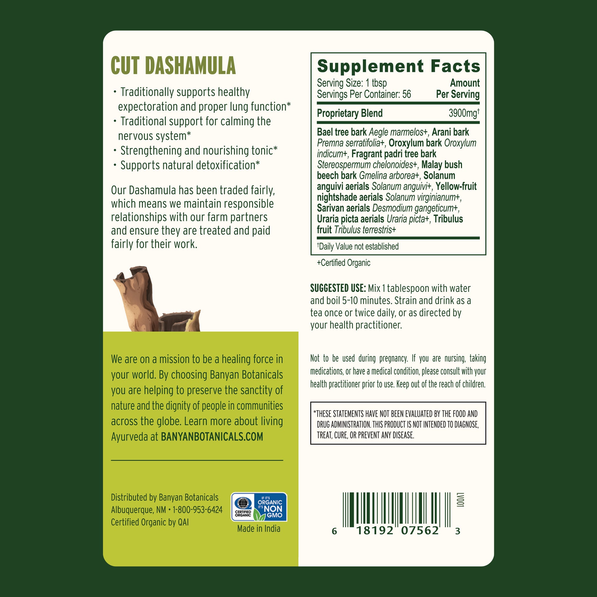 Banyan Botanicals Dashamula supplement label with text and branding on a green background