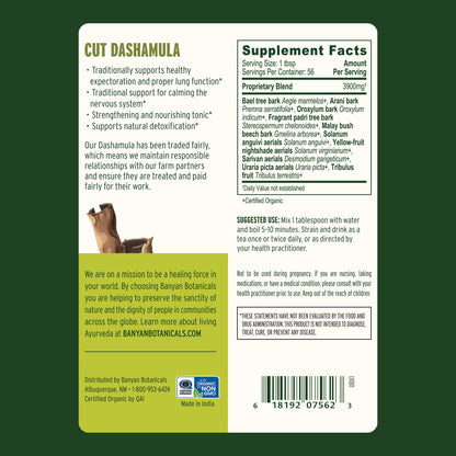 Banyan Botanicals Dashamula supplement label with text and branding on a green background