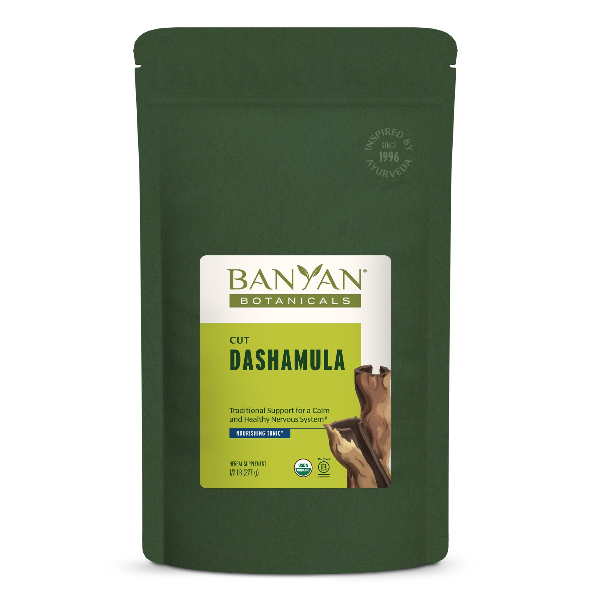 Green package of Banyan Botanicals Cut Dashamula on a white background