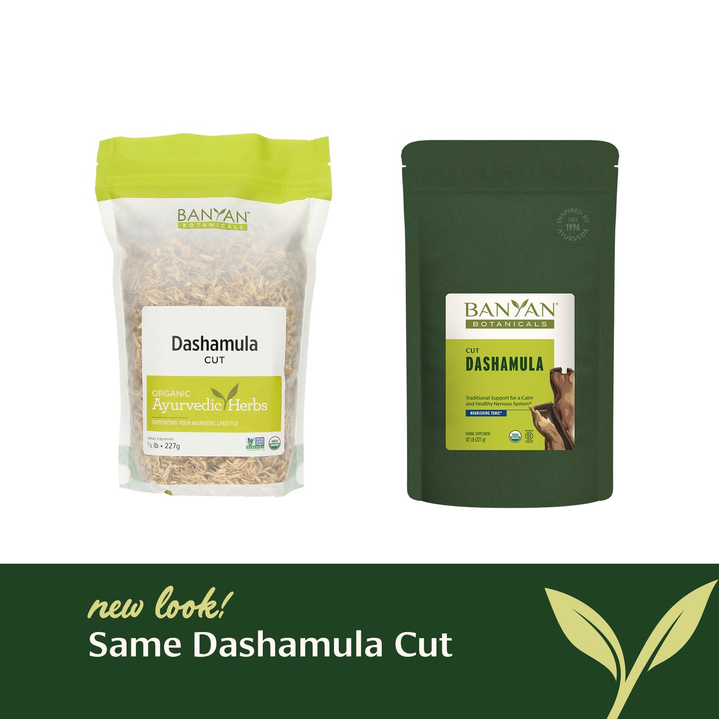 Two packages of Banyan Botanicals Dashamula Cut on a white background