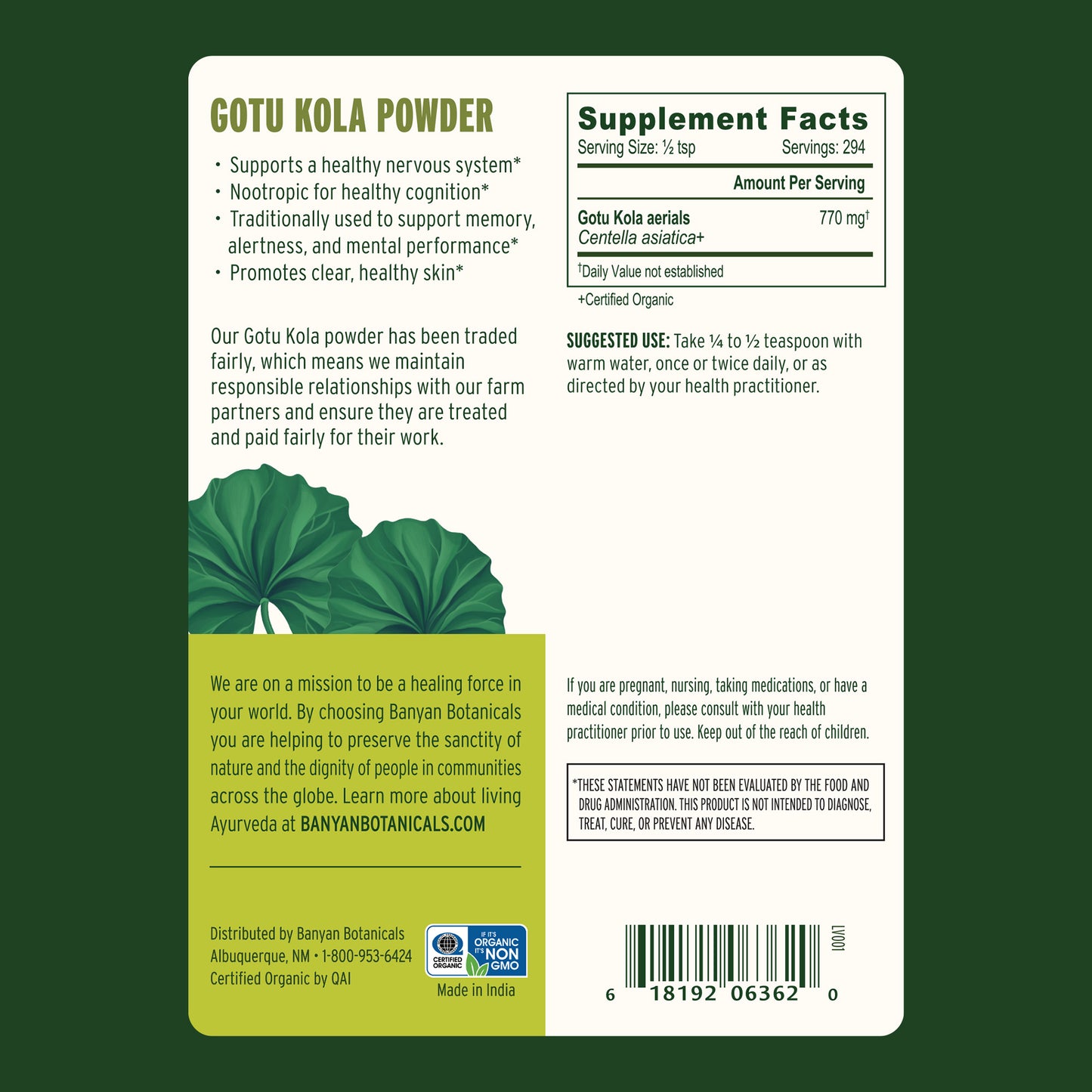1/2 lb: Gotu Kola 1/2 lb powder back label showing supplement facts and suggested use
