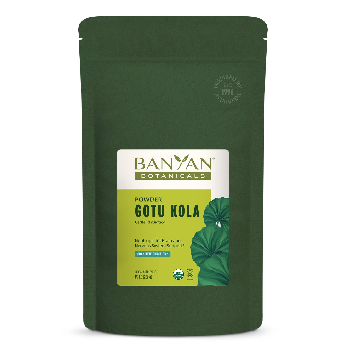 1/2 lb: Green pouch of medium Banyan Botanicals Gotu Kola powder on a white background