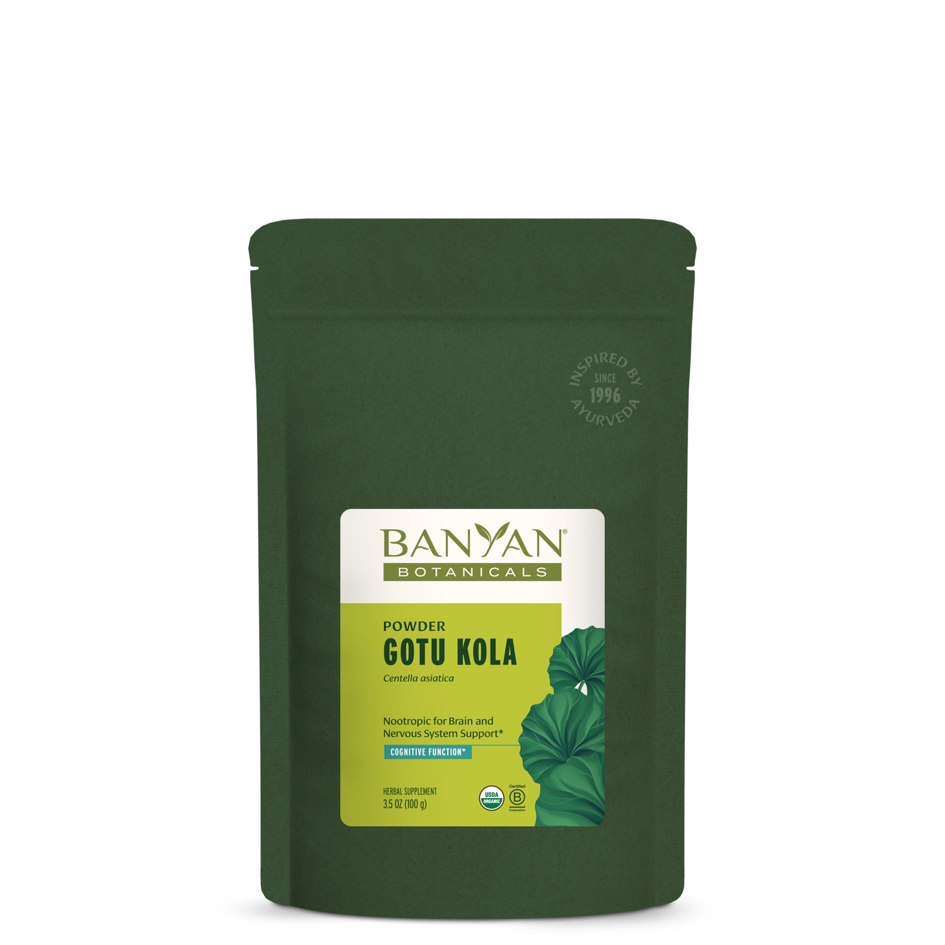 3.5 oz: Green pouch of small Banyan Botanicals Gotu Kola powder on a white background