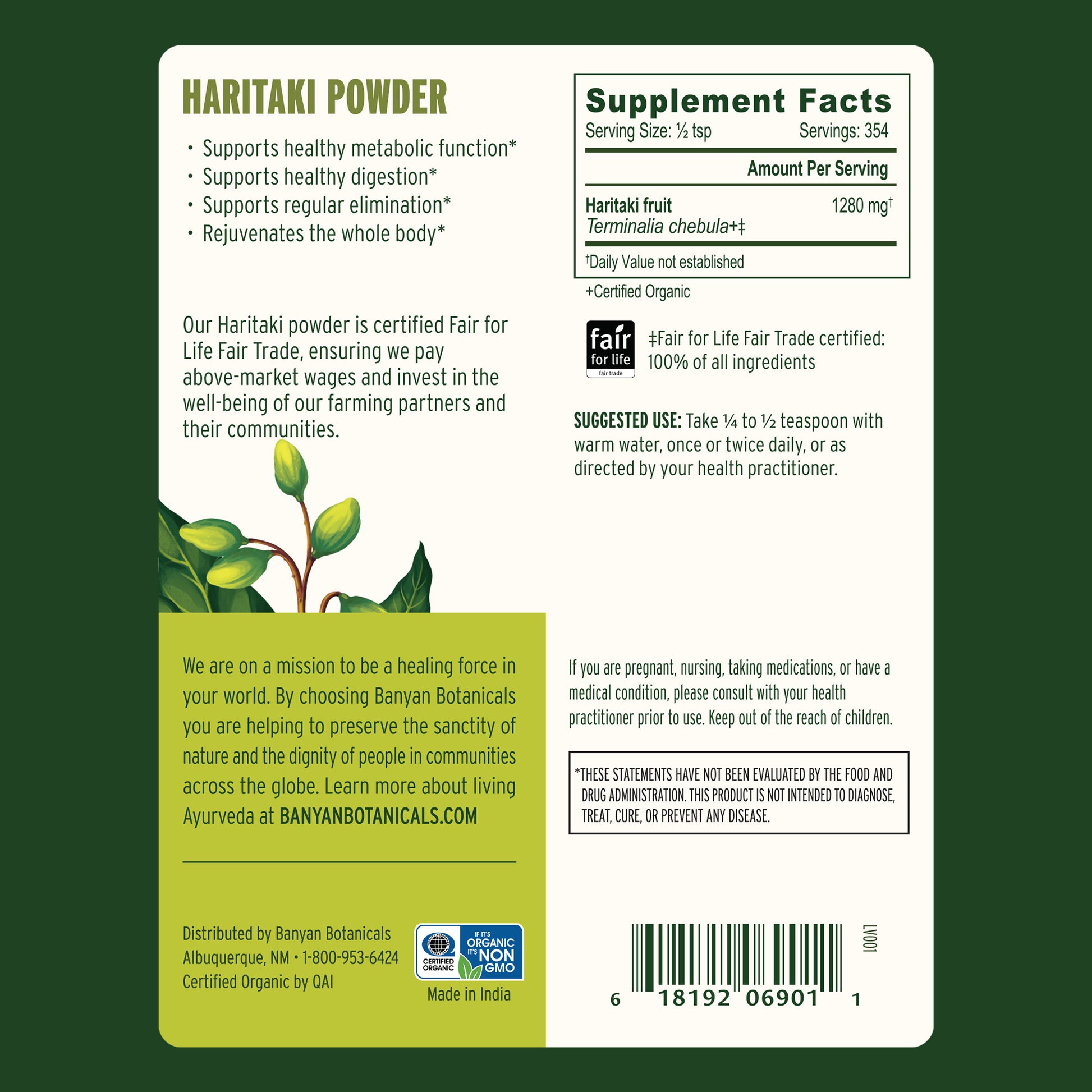 1 lb: Back label showing supplement facts and suggested use