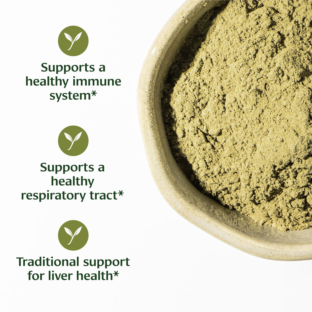 Bowl of green Kalmegh powder with health benefits listed on a white background