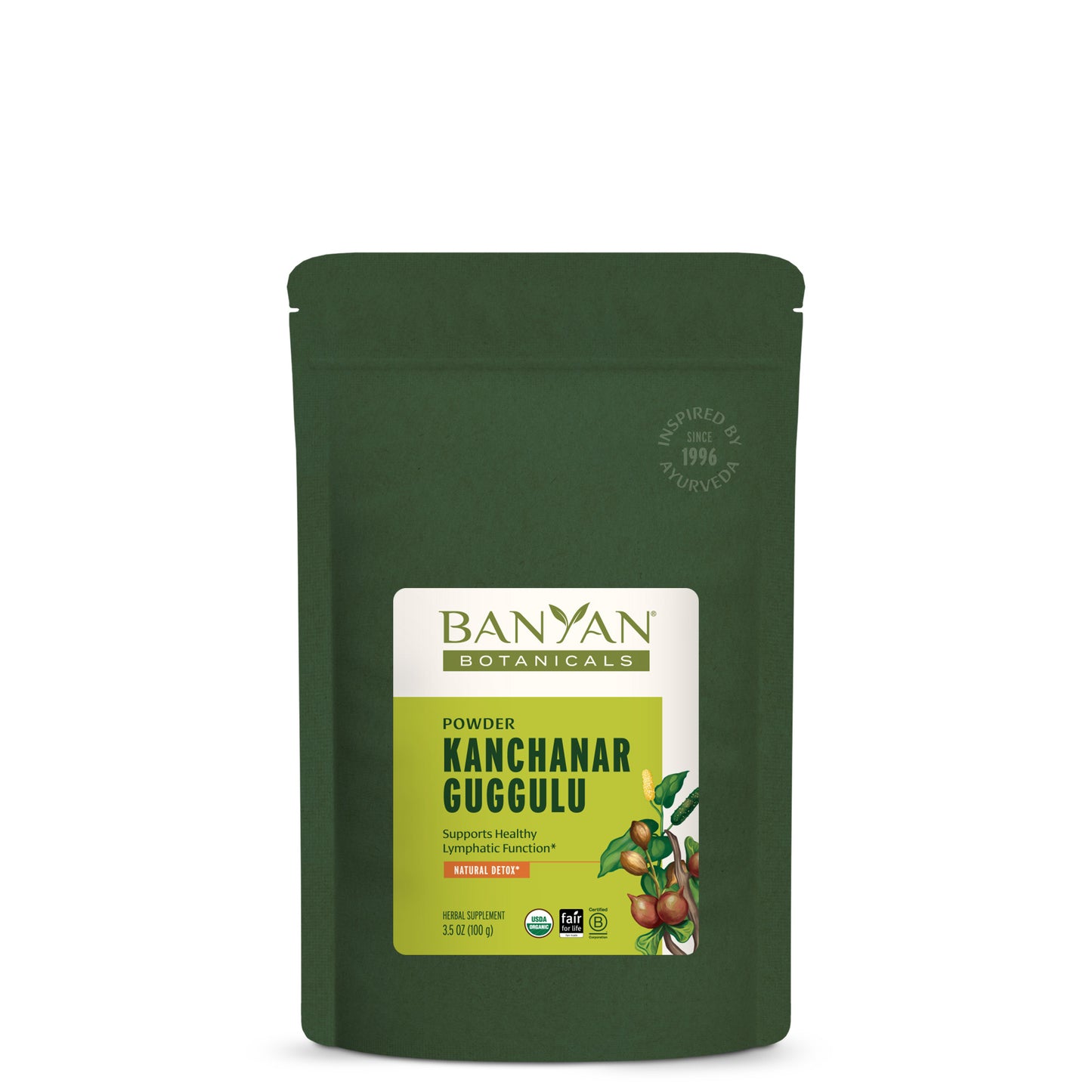 3.5 oz: Kanchanar Guggulu powder in green pouch on white background