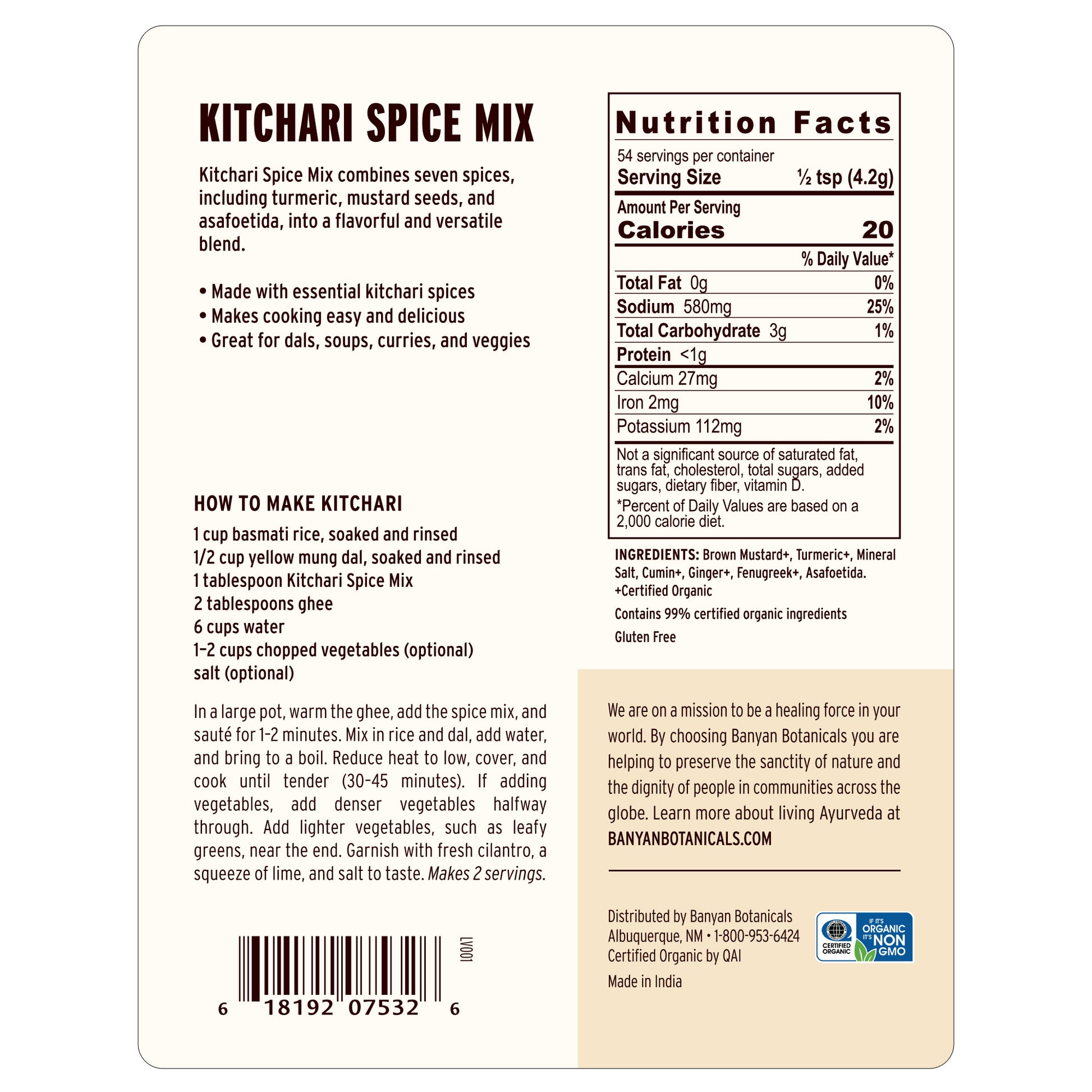 1/2 lb: Kitchari Spice Mix Nutrition Facts