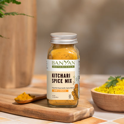 Spice Jar: spice jar on cutting board next to bowl of kitchari
