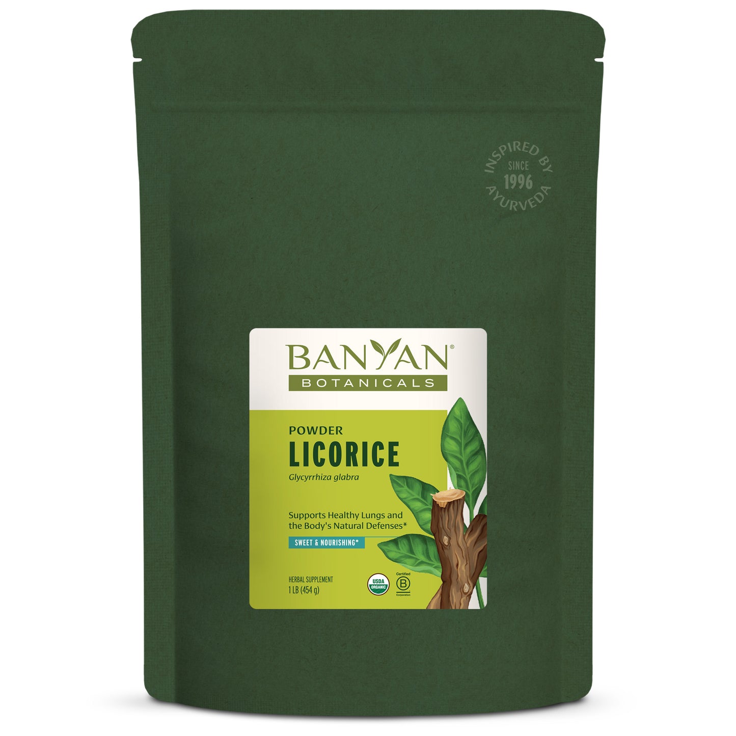 1 lb Licorice powder green pouch on white background