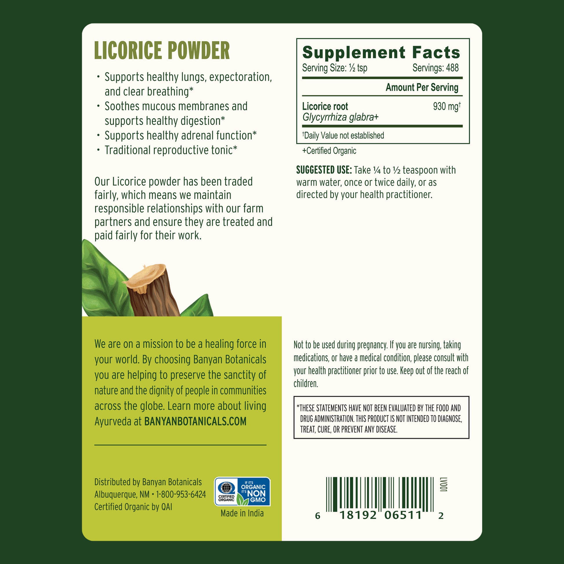 1 lb: Back label of 1 lb licorice powder with supplement facts 