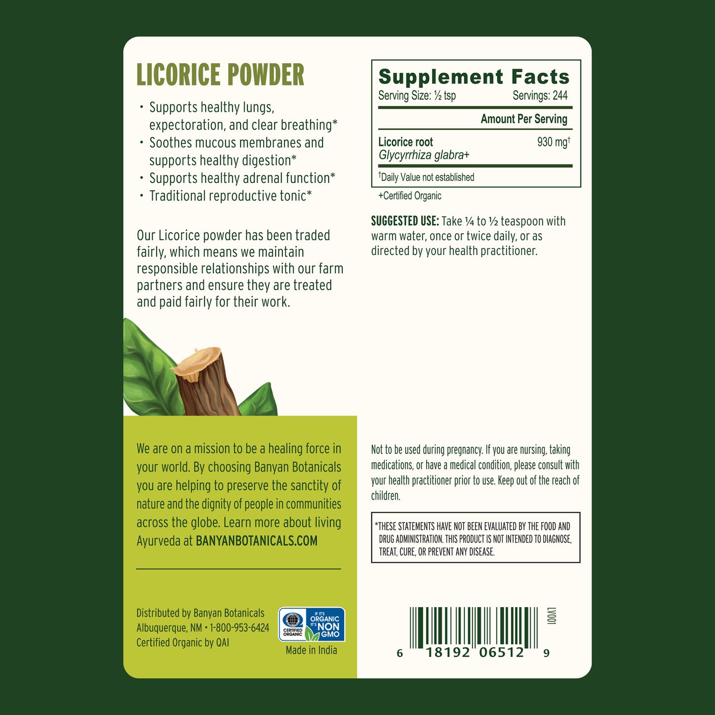 1/2 lb: Back label of 1/2 lb licorice powder with supplement facts 