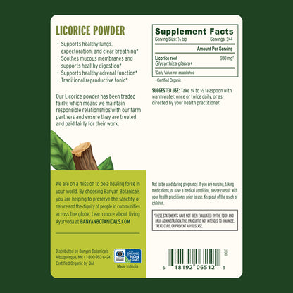 1/2 lb: Back label of 1/2 lb licorice powder with supplement facts 