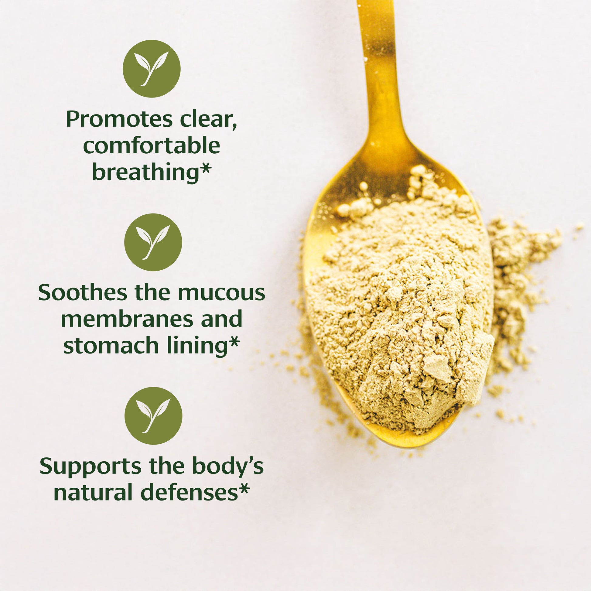 Spoonful of powder with Licorice powder benefits listed