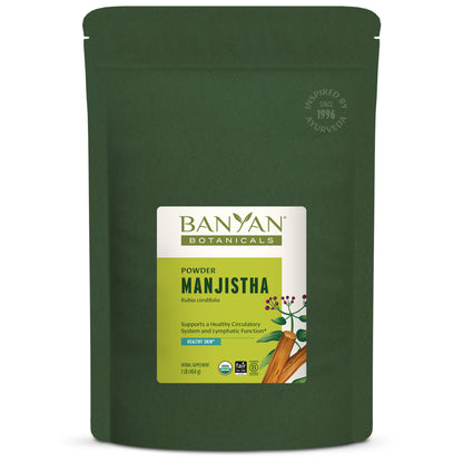 1 lb: Green package of Banyan Botanicals Manjistha powder on a white background