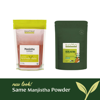 1 lb: Two packages of Banyan Manjistha Powder on a white background