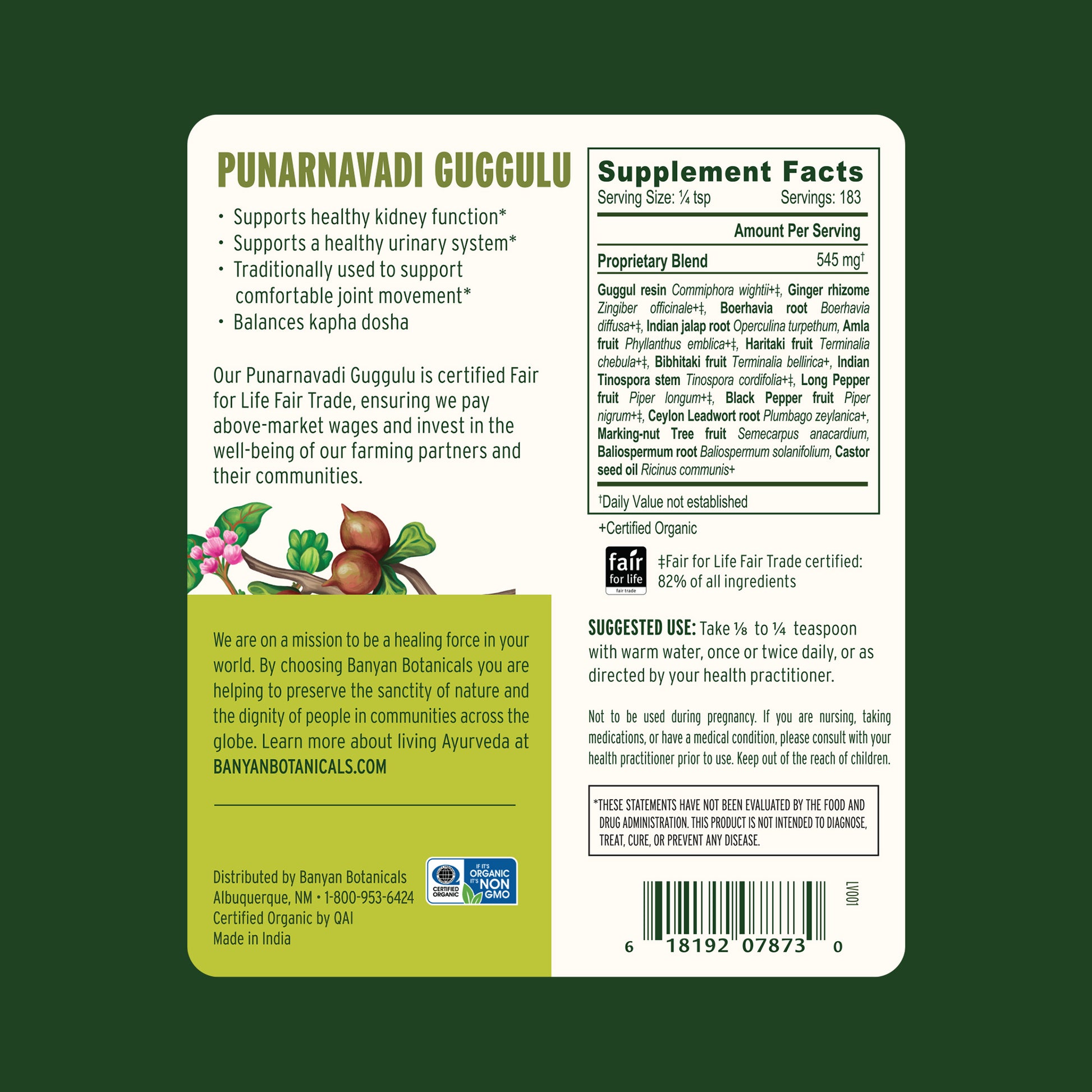 Back label showing supplement facts and suggested use