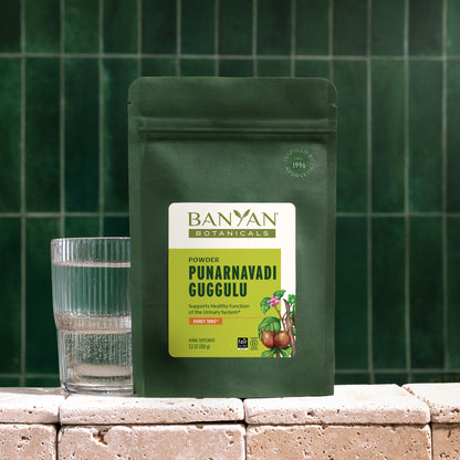 Punarnavadi Guggulu pouch on counter next to glass of water