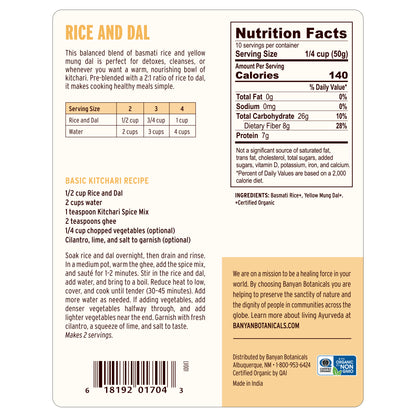Nutrition label and recipe for a rice and dal blend on a white background