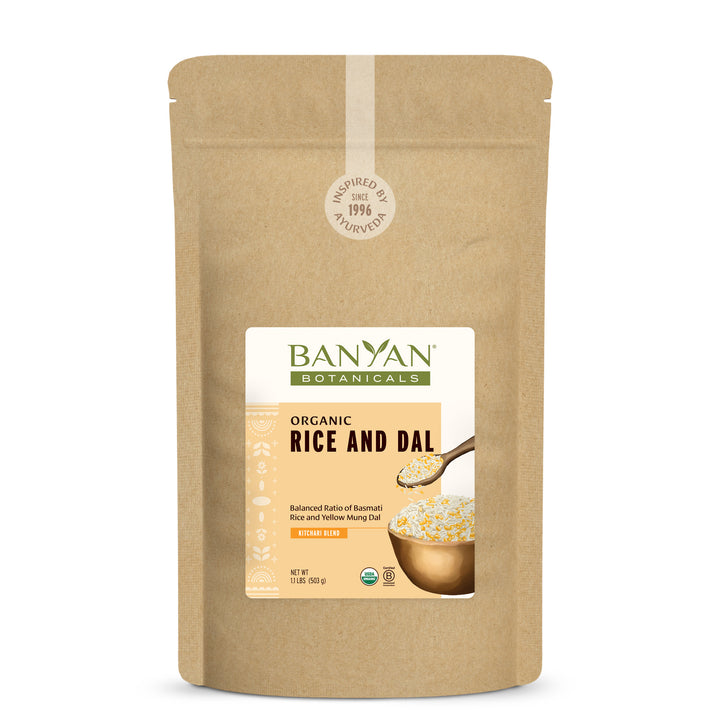 Banyan Botanicals Organic Rice and Dal kraft pouch on a white background