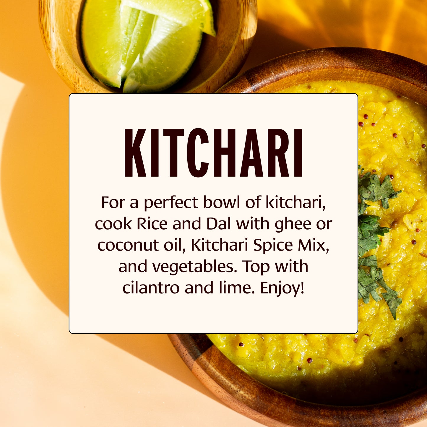Bowl of kitchari with text on how to prepare it, garnished with lime and cilantro.