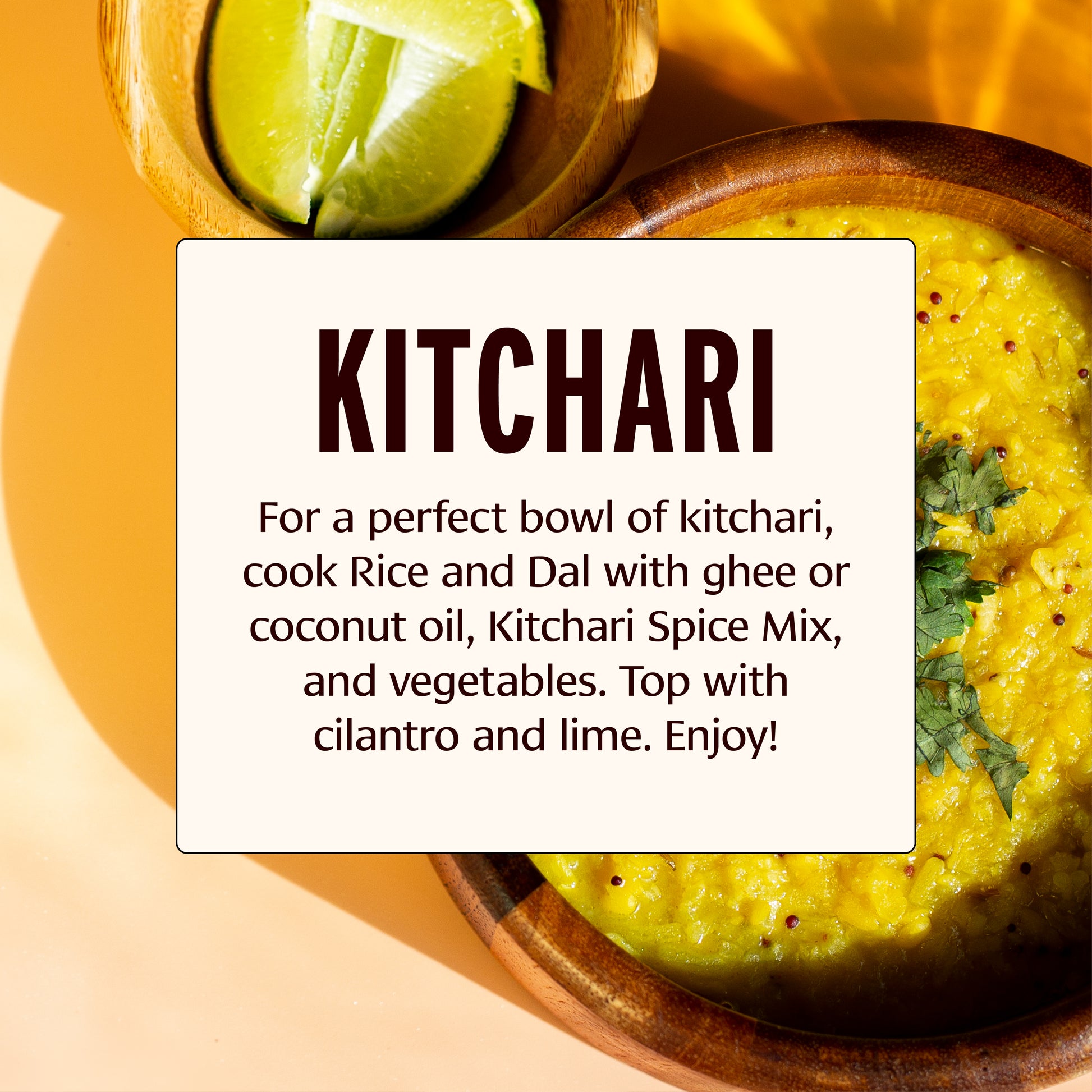 Bowl of kitchari with text on how to prepare it, garnished with lime and cilantro.