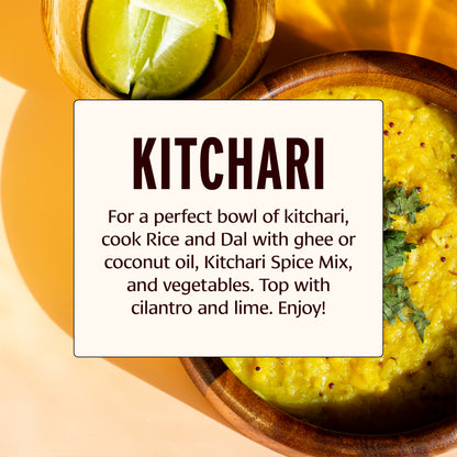 Bowl of kitchari with text on how to prepare it, garnished with lime and cilantro.