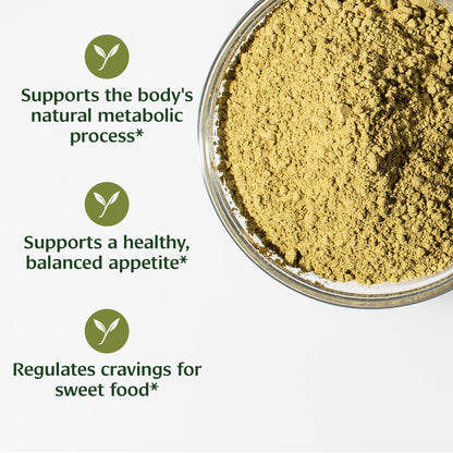 Glass bowl with Shardunika powder and text about health benefits on a white background