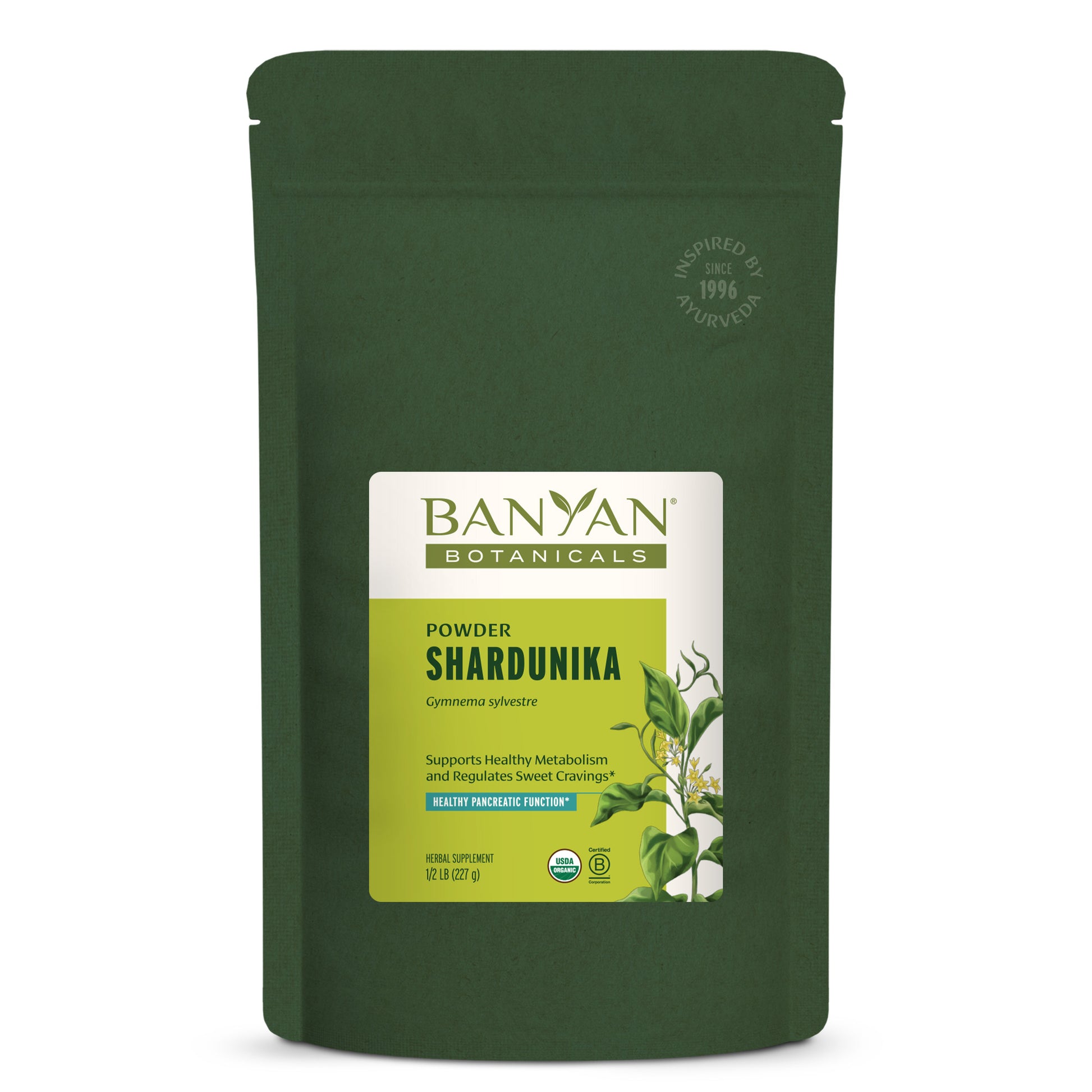 Green pouch of Banyan Botanicals Powder Shardunika on a white background