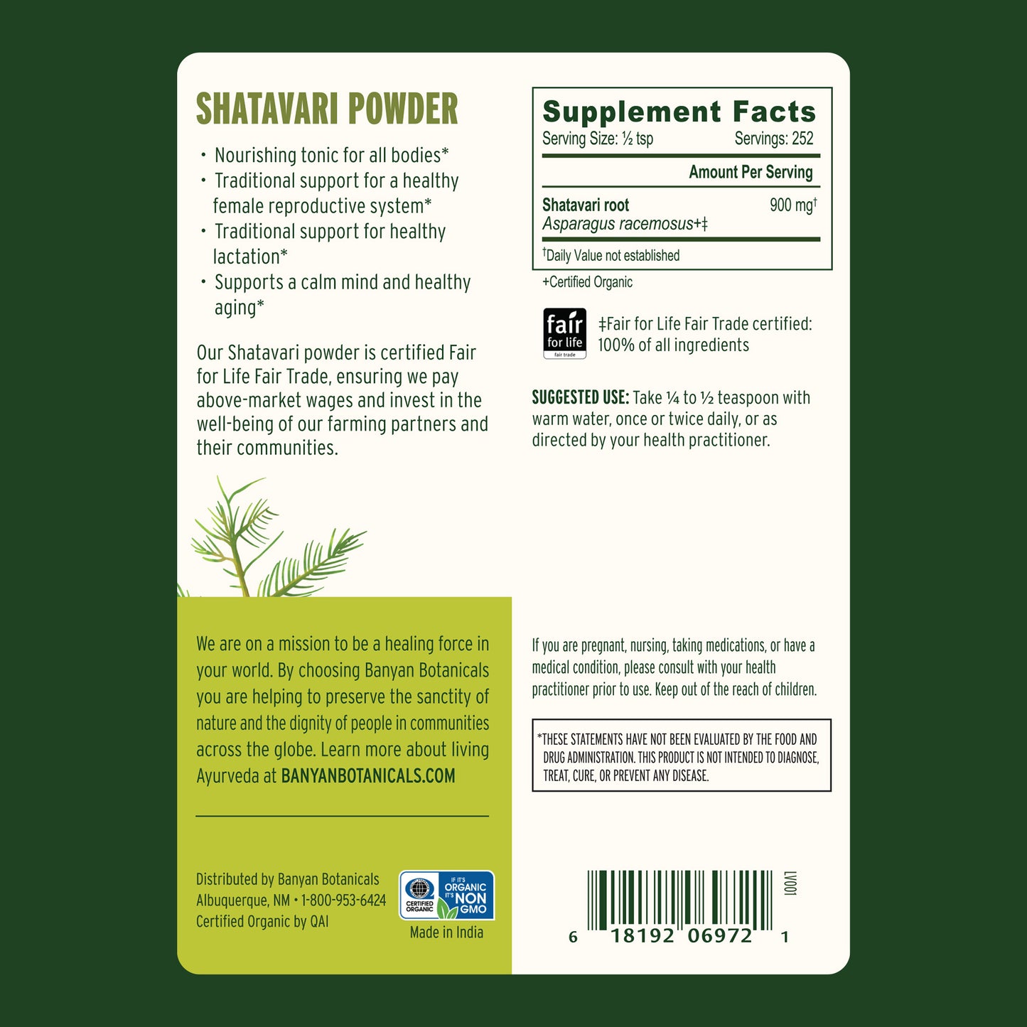 1/2 lb: Shatavari Powder Supplement Facts