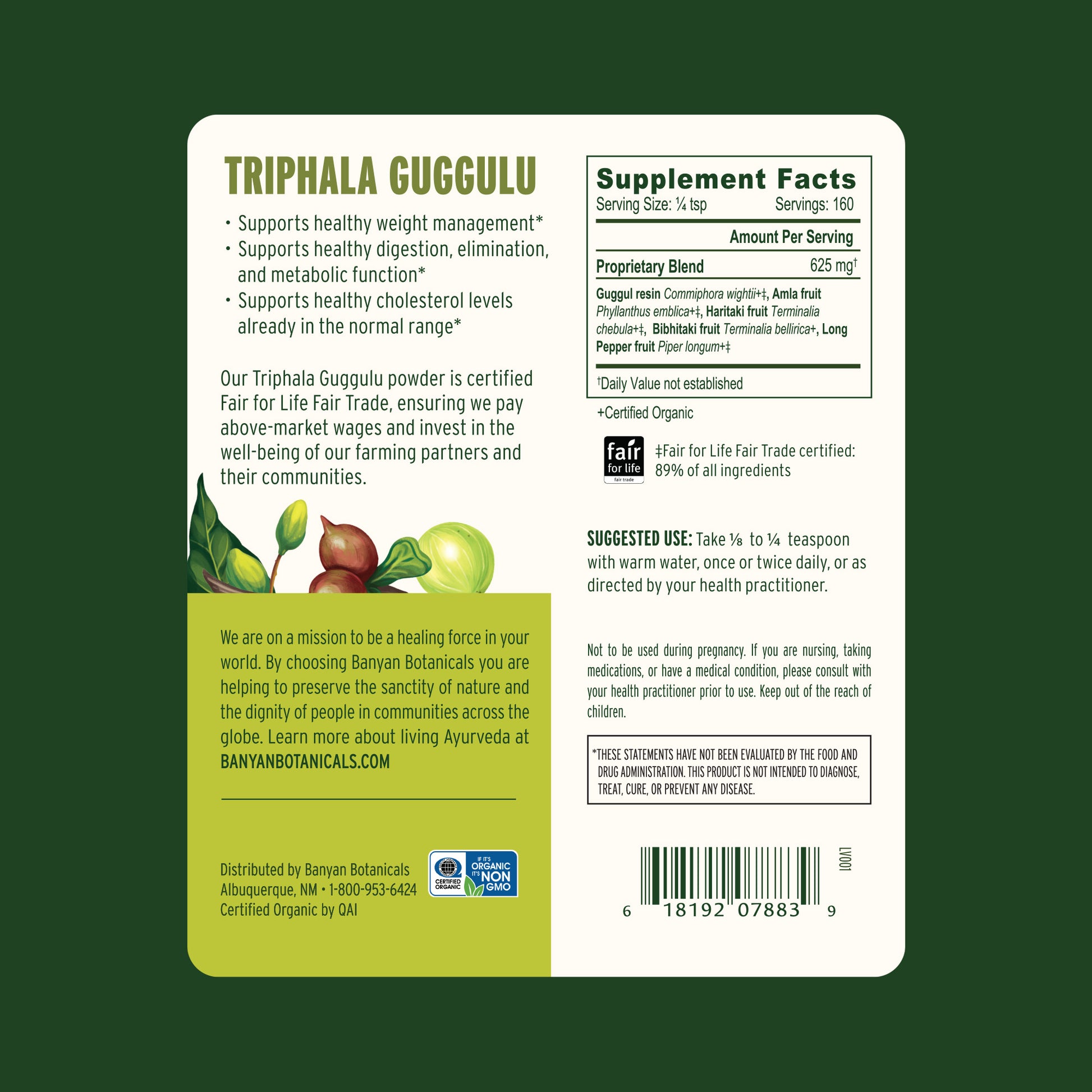 Triphala Guggulu back label showing supplement facts and suggested use